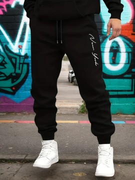 1pc Men'S Casual Cotton Sweatpants with Signature Print, Elastic Waist Drawstring, 50% Cotton Knit Fabric, Polyester Blend, Regular Fit for Outdoors - Autumn/Winter Collection