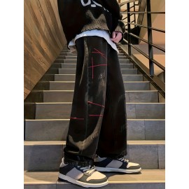 Men's Vintage Denim Jeans, Casual Streetwear Straight Leg Loose Pants For Outdoor Spring Fall