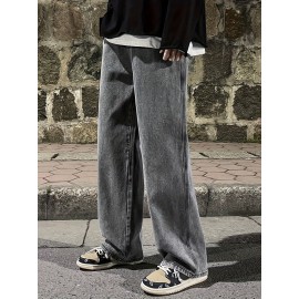 Men's Fashion Solid Loose Fit Straight Leg Jeans, Casual Street Style Denim Pants For Casual Daily Wear