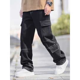 Men'S Street Style Cotton Blend Jeans, Loose Fit Straight Leg Denim Pants, Non-Stretch Solid Color, with Multiple Pockets, for All-Season Trousers