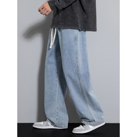 Men's Street Style Wide Leg Denim Jeans, Casual Drawstring Pants, Hip-Hop Loose Fit Jeans