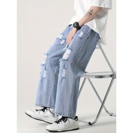 Cotton Blend Ripped Jeans for Adults - Casual Straight-Leg Cropped Pants with Distressed Detail, Non-Stretch Solid Color Summer Denim, Korean Style Hip Hop Fashion