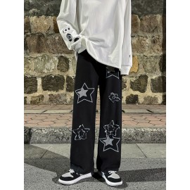 Vintage Men's Korean Denim Pants Y2K Cltohes Streetwear Printed Patchwork Male Baggy Jeans Straight Trousers