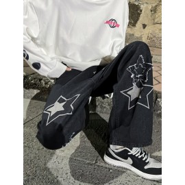 Vintage Men's Korean Denim Pants Y2K Cltohes Streetwear Printed Patchwork Male Baggy Jeans Straight Trousers