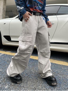 1pc Vintage-Inspired Street Style Loose-Fit Cargo Jeans for Adults, Solid Color Cotton Fabric, Non-Stretch, Multiple Pockets, Regular Length, All-Season Woven Trousers