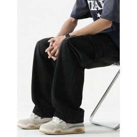 Men's Loose Gradient Color Denim Trousers With Pockets, Causal Drawstring Cotton Blend Jeans For Outdoor Activities