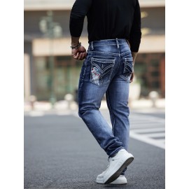 ESDVQ Men's Vintage-Inspired Embroidered Stretch Jeans - Slim Fit, Cotton Blend Denim with Pockets
