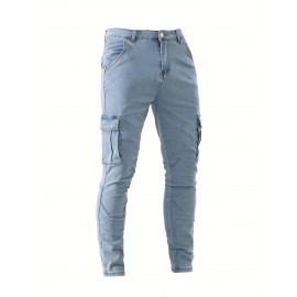 Men's Casual Flap Pocket Skinny Jeans, Chic Street Style Medium Stretch Denim Pants
