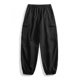 [1pc Men'S Casual Cargo Pants] Men'S Casual Cargo Pants, Polyester 100%, Loose Fit, Non-Stretch, Solid Color, with Drawstring, Multiple Pockets, for Spring/Fall, Woven Regular Length