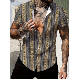 Men's Ethnic Style Geometric Pattern 3D Print Casual Shirt, Button Front Short Sleeve Top, Men's Clothes For Daily Wear/Party