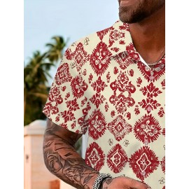 Men'S Summer Casual Print Button-Down Shirt, Polyester Fabric, Non-Stretch, Regular Fit, with Loose Hem, for Woven Lapel Collar Top