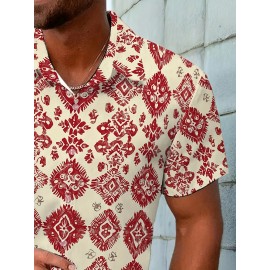 Men'S Summer Casual Print Button-Down Shirt, Polyester Fabric, Non-Stretch, Regular Fit, with Loose Hem, for Woven Lapel Collar Top