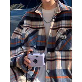 Color Block Plaid Men's Retro Long Sleeve Button Down Shirt With Chest Pockets, Spring Fall Casual Outdoor Loose Shirt