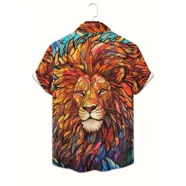 1pc Men'S Casual Short Sleeve Shirt with 3D Lion Print, Polyester Woven Fabric, Slight Stretch, Regular Fit, Lapel Collar - Animal Pattern Design