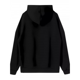 Men's Polyester Hooded Sweatshirt with Geometric Leaf Applique, Sports Style Active Hoodie with Slight Stretch, Regular Fit Knit Fabric Pullover - Casual Hip Hop Streetwear