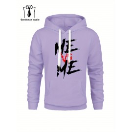 ME VS ME Print, Men's Casual and Cozy Hoodies, Trendy Long Sleeve Hooded Sweatshirt, Casual Versatile Top for Autumn Winter