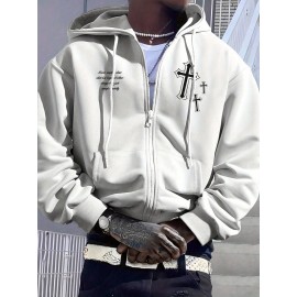 Men's Fashion Cross Print Long Sleeve Hoodie - Classic Zip-Up Design, Casual Style, Ideal For Fall And Winter