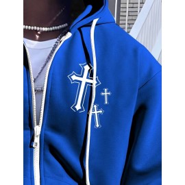 Men's Fashion Cross Print Long Sleeve Hoodie - Classic Zip-Up Design, Casual Style, Ideal For Fall And Winter