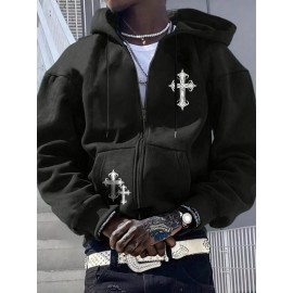Men's Fashion Cross Print Long Sleeve Hoodie - Classic Zip-Up Design, Casual Style, Ideal For Fall And Winter